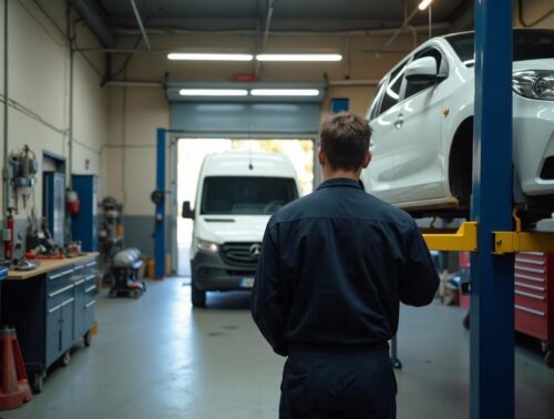 Mechanik pri práci pod autom v dielni Autoservisu Brzda